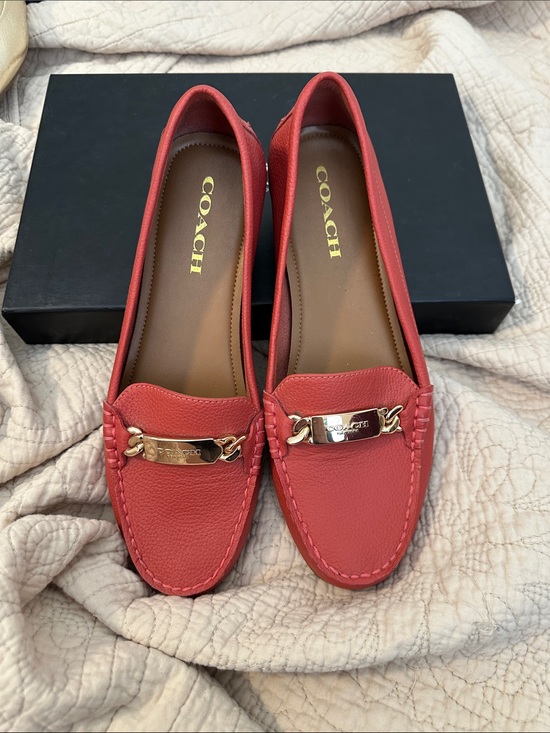 Coach Shoes - COACH Coral Red Leather Moccasin Loafers with Gold Hardware